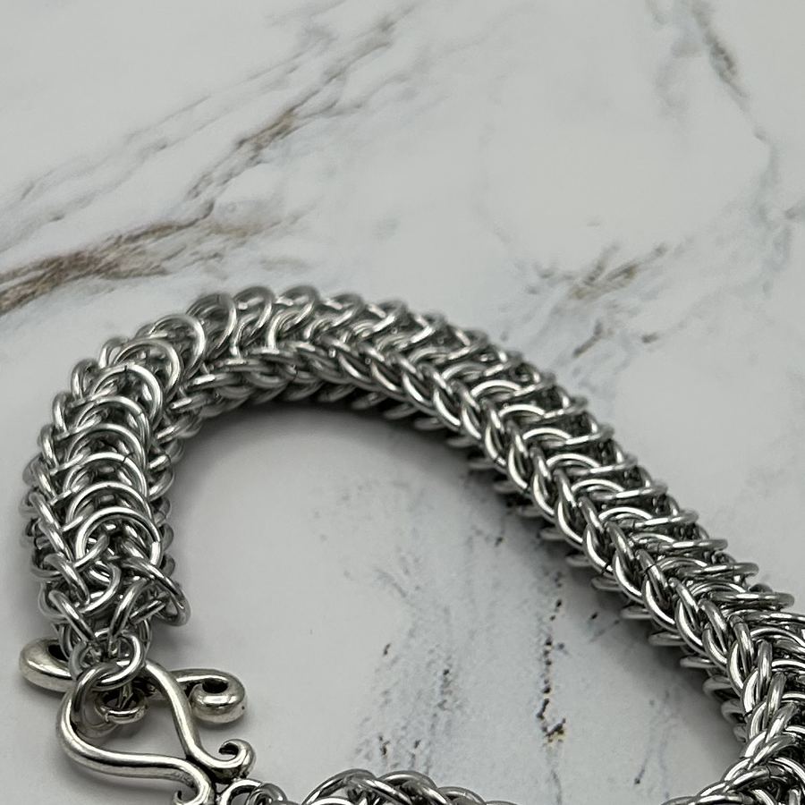 Bright aluminum rings in a Persian Dragonscale weave
