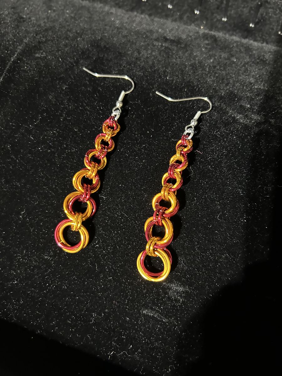 Orange and red chainmaille drop earrings